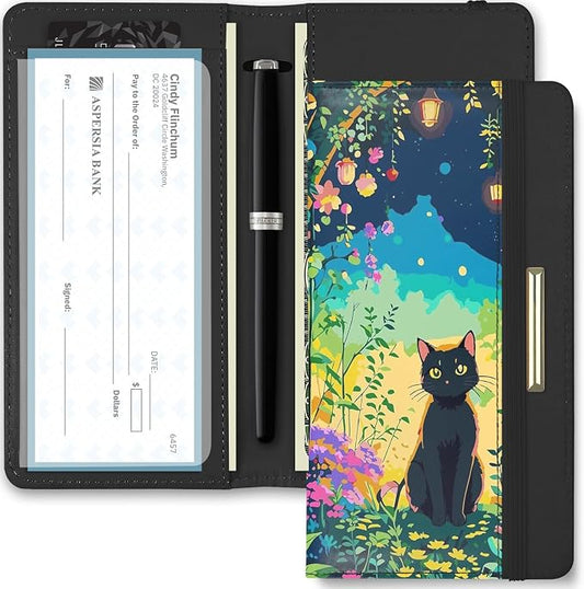 Printed Checkbook Cover, RFID Blocking Checkbook, Stylish, Lightweight, Slim Durable, Multi-Functional Checkbook Holder for Personal and Business Checks (Cat)