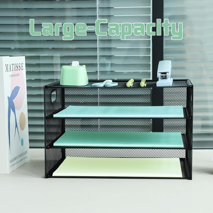 Paper Letter Tray with Handle, 3 Tier Metal Mesh Desk File Organizer, A4 Paper Desktop Filing Trays, Desk Tidy Magazine Document Holder for Home Office, Black