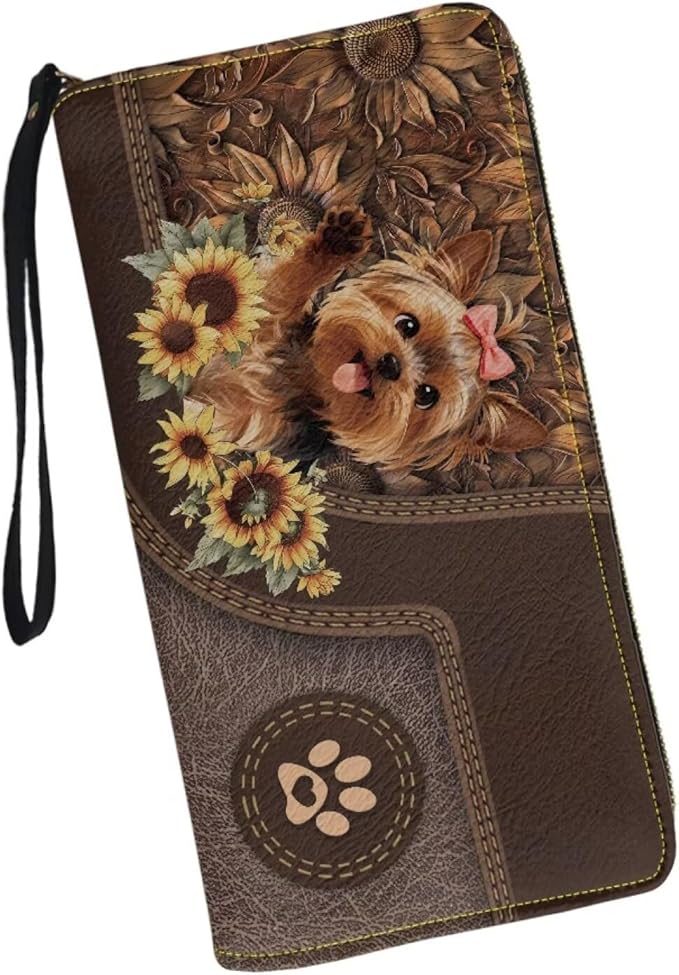 Bulopur Sunflower Yorkshire Wallet for Women RFID Blocking Leather Large Capacity Card Holder Ladies Phone Clutch Travel Long Purse Wristlet Christmas Gifts for Dog Lovers