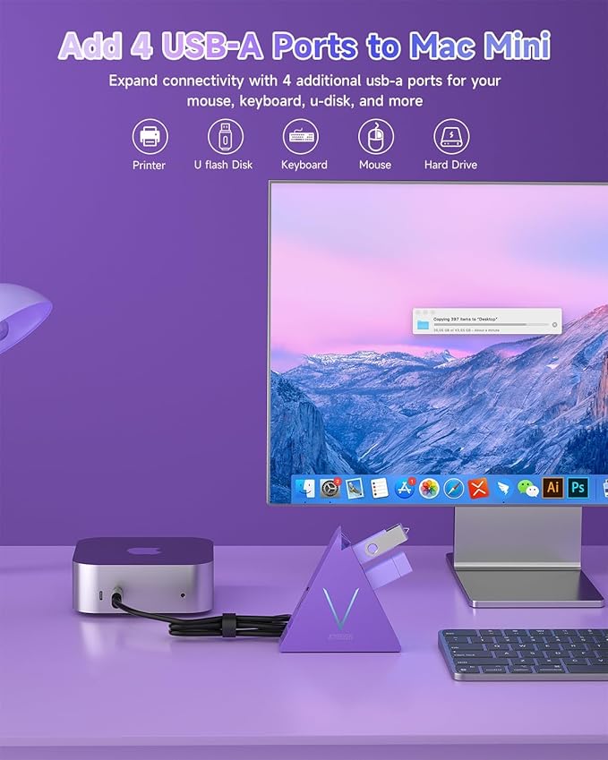 USB C Hub,USB Hub Tower with 2FT Extended Cable,Type C to USB 3.0 4-Port Splitter Adapter for MacBook, iMac, Laptop, Surface, XPS, Flash Drive, Keyboard, Mouse, HDD (2ft, Dark Purple