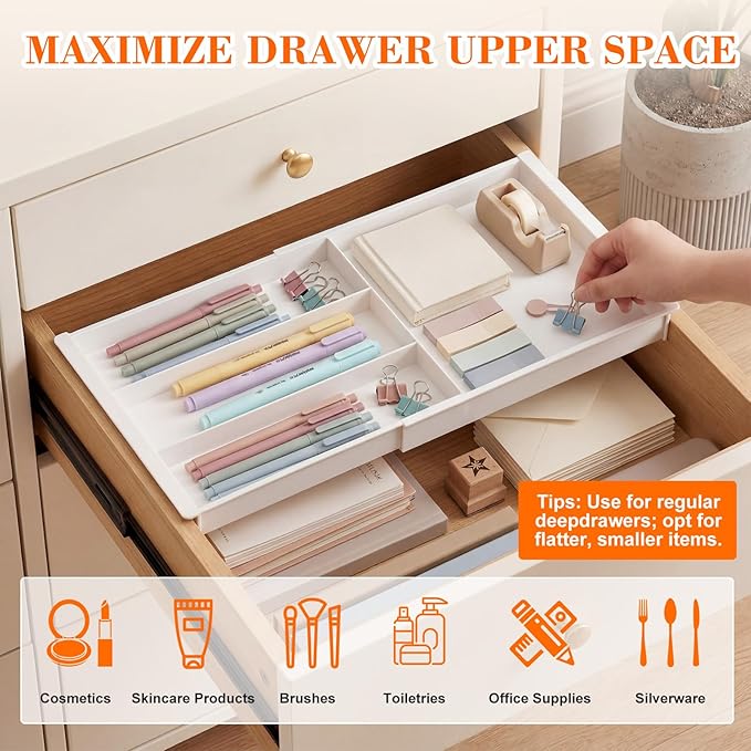 Briwooody Expandable Drawer Tray with Adjustable Dividers, 12.6-19.96 Inch Hanging Sliding Desk Organizer, 1.18'' Deep White Office Storage for Pens Paper Clips Sticky Notes Tape, Desk Accessories