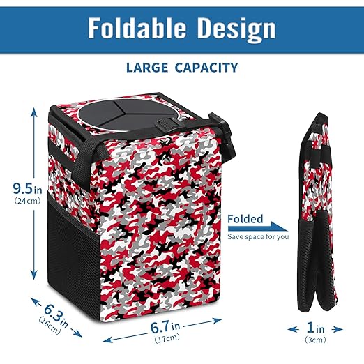 Car Trash Can Red Black White Grey Camouflage Auto Garbage Bag Car Trash Can with Lid Leak-Proof Car Storage Bag Garbage Bag Hanging for Headrest Collapsible and Portable with Storage Mesh Pocket