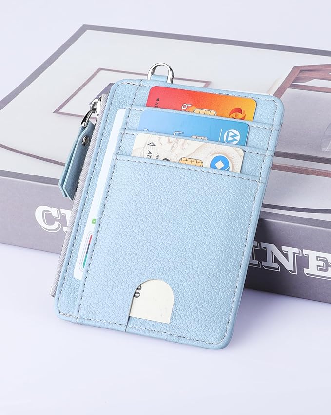 Teskyer Slim Card Holder Wallet with Zip Pocket, RFID Blocking, Total 9 Compartments Large Capacity, 3.5" x 4.7" (Slight Larger Than Usual), Faux Leather - Cyan