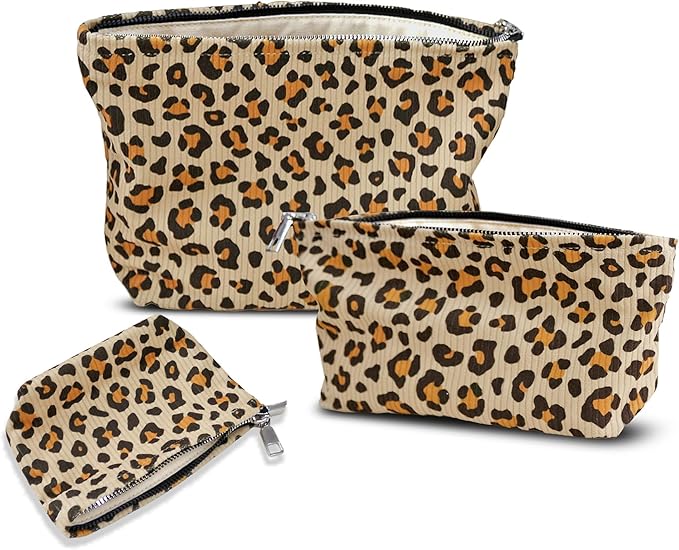 HAPPYHEIDI Cheetah Corduroy Makeup Bag Set 3 Cosmetic Toiletry Travel Pouch Purse Organizer, 3-Size, Vintage Brown Leopard