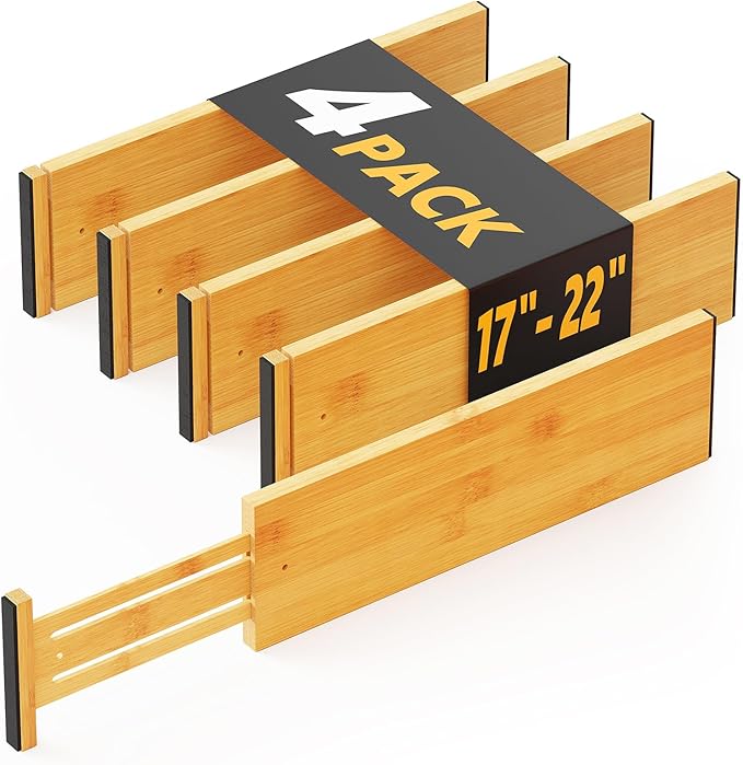 SpaceAid Bamboo 4 Pack Dresser Drawer Dividers, 4.65??High Adjustable 17??22??Drawer Organizers, Expandable Organization for Clothing, Clothes, Dressers, Natural