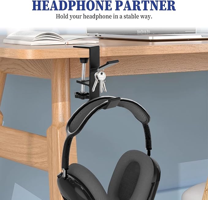 Jeffdad Metal Headphone Hook, Headphone Hanger with Double Hooks, Universal Aluminum Alloy Gaming Headphone Stand Under Desk, Non-Slip Adjustable Desk Headphone Hanger Hook