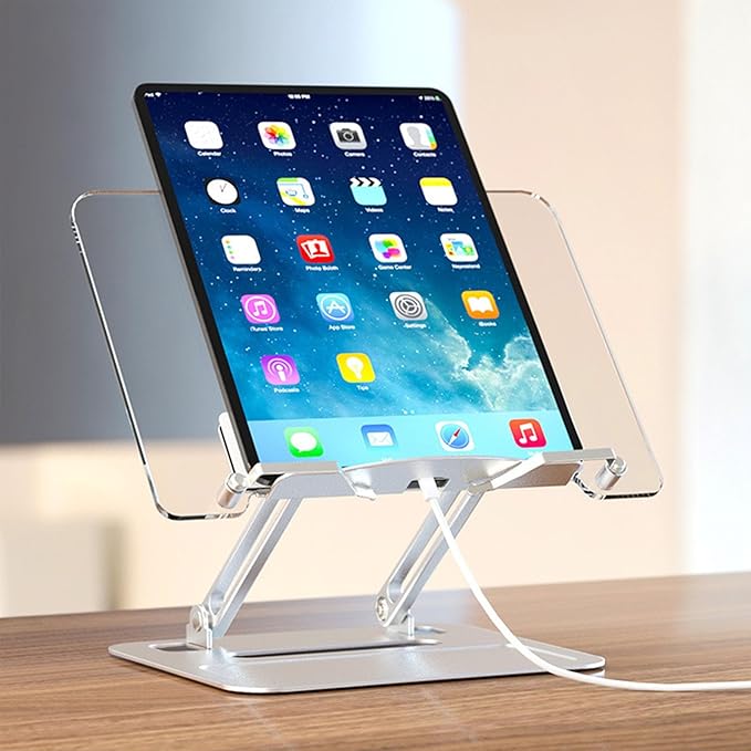 Adjustable Desktop Book Stand, Aluminum Reading Document Holder with Foldable Base, Book Holder, Foldable Desktop Riser for Laptop, Recipe, Textbook (Rose)