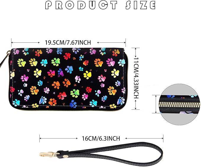 Women's RFID Blocking Zip Around Wallet with Detachable Wrist Strap, Large Capacity Credit Card Holder Organizer for Everyday Use,Cute Dog Paw