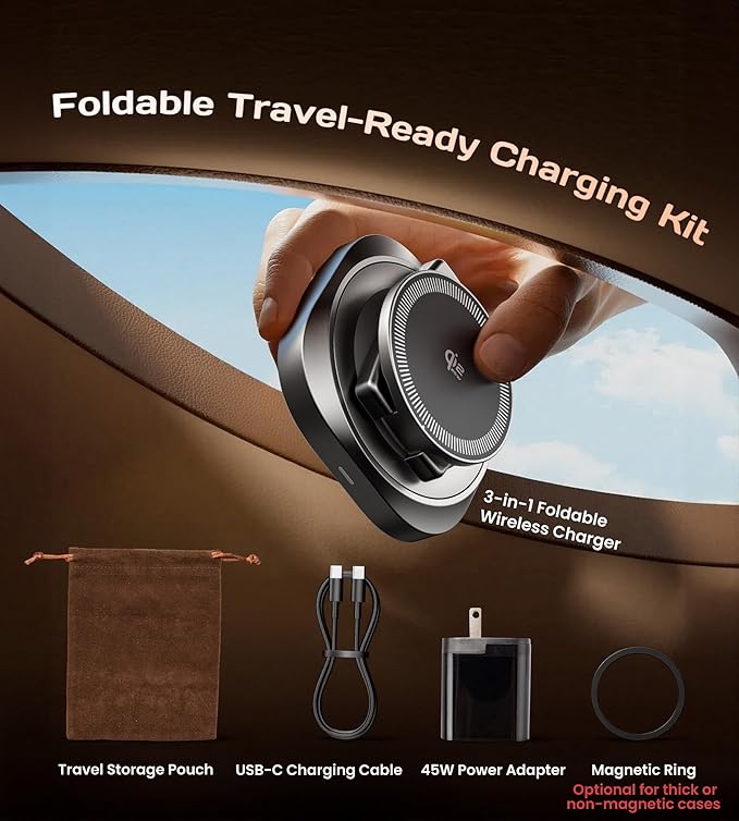 Qi2.2 25W 3-in-1 Wireless Charger for iPhone 17/16 Series, Foldable Wireless Charging Station Compatible with MagSafe, 360° Swivel Zinc Alloy Base for Apple Watch & AirPods (45W Adapter Included)