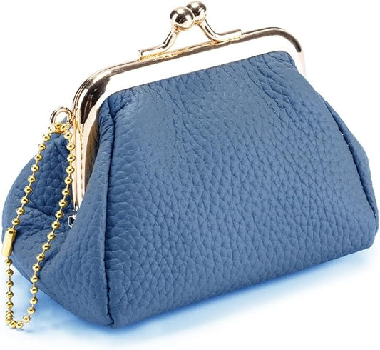Genuine Leather Coin Purse for Women, Vintage Kiss Lock Small Leather Pouch, Mini Portable Wallet for Coins, Lipstick, Keys and Jewelry (Blue)
