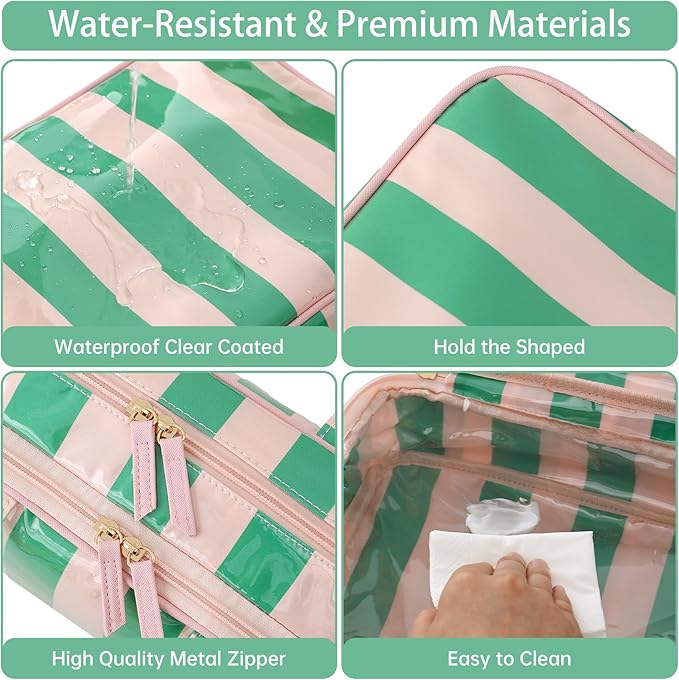 Travel Toiletry Bag for Women, Waterproof Clear Coated Portable Stripe Makeup Cosmetic Bag with Compartment, Travel Organizer for Shampoo, Conditioner, Brushes Set,Cosmetic Accessories(Pink-Green)