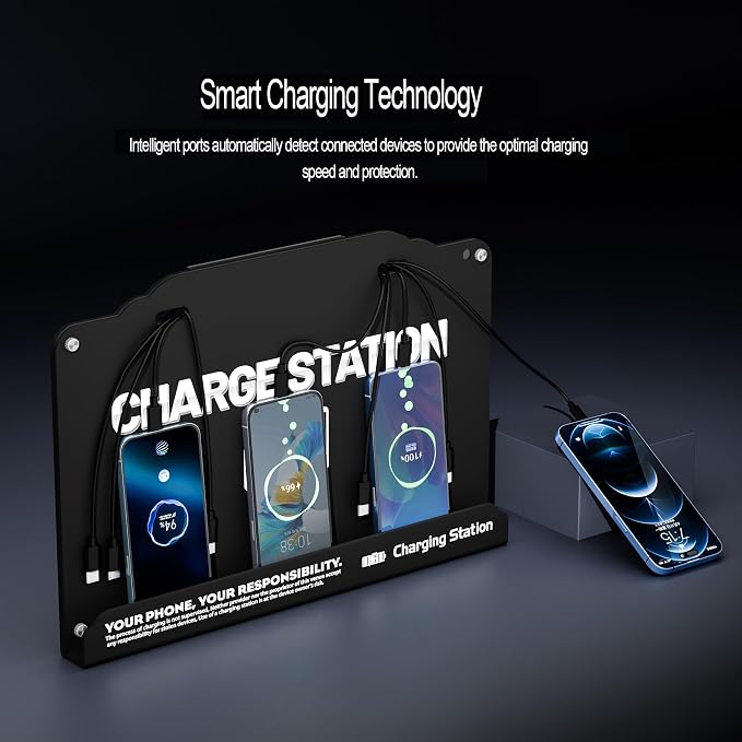 Wall Mounted 8 Port Charging Station with Fast Charigng Cables – Multi Device Charging Dock for Office, Hotel & Public Spaces | Compatible with iPhone ipad Smartphone Tablets Android Port (Black)