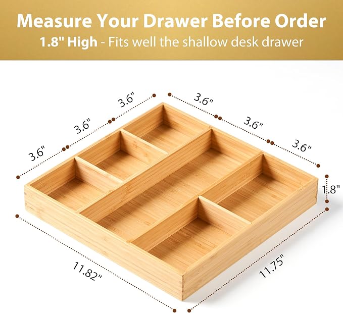 Umilife Bamboo Desk Drawer Organizer, Wood Office Junk Tray, 12"x12" | 1.8" Tall for Shallow Drawer - Adjustable dividers - Anti Slip Silicone Pads - Versatile Storage Box in Kitchen, Pantry
