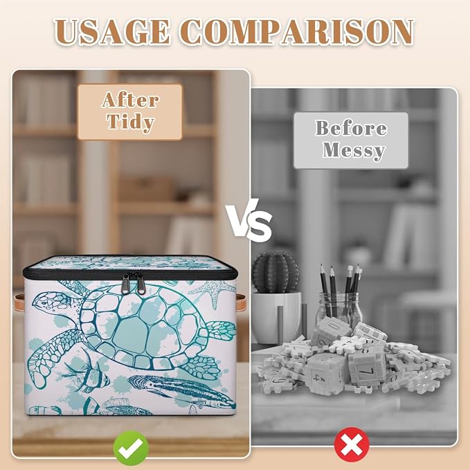 Sea Turtle Storage Basket for Bedroom Kitchen Bathroom Storage Bins with Lids Collapsible Toy Cube Storage Organizer for Kid Teen Women Men