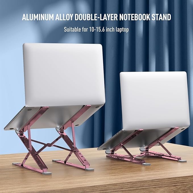 Portable Laptop Riser, Adjustable Laptop Stand,Aluminum Laptop Stand for Desk Foldable, Ergonomic Computer Notebook Stand Holder for MacBook Air Pro, Dell XPS, HP (10-15.6'')(Pink)