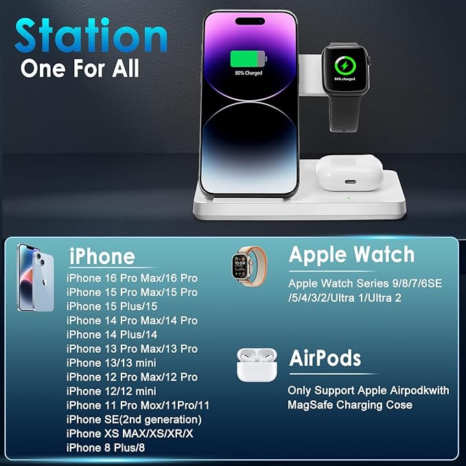 3 in 1 Charging Station for Multi Devices, Wireless Charger for iPhone 8-16 Series & Apple Watch, Wireless Charging Station for AirPods Pro/4/3/2