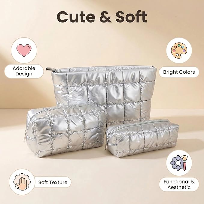 3Pcs Puffer Quilted Makeup Bag Travel Cosmetic Bag Set Portable Puffy Checkered Toiletry Pouch Skincare Organizer Purse Pencil Case (Silver)