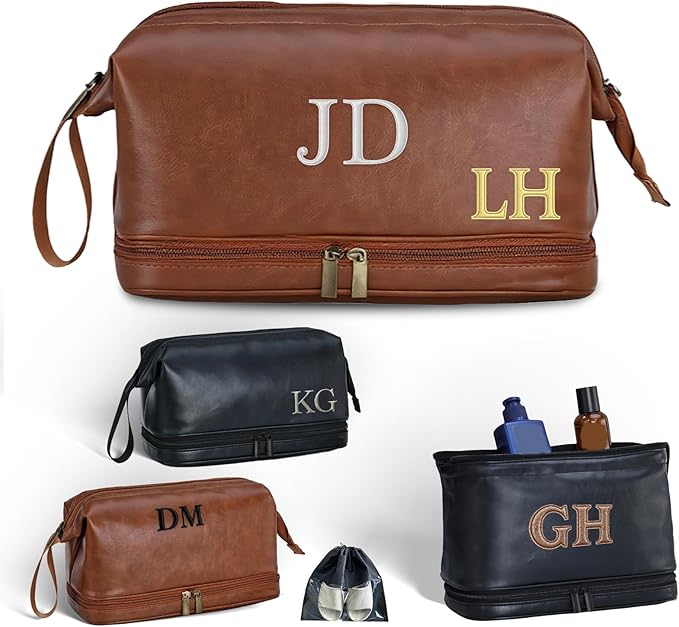 Personalized Leather Toiletry Bag for Men, Embroidered Custom Initials, Men's Travel Accessories, Gifts for Dad, Grandpa, Husband, Groomsmen, Father's Day Birthday Gifts (Style 6)