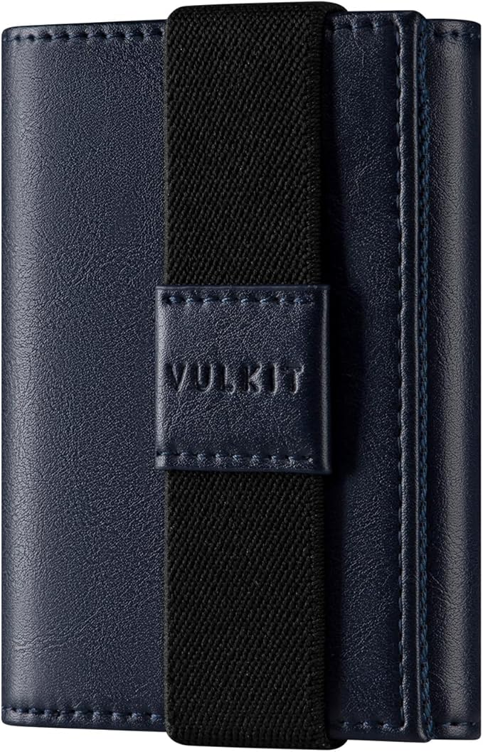 VULKIT Minimalist Leather Rfid Blocking Trifold Wallet with Elastic Band Credit Card Holder with 4 ID windows & Zipper Pocket for Men (Blue)