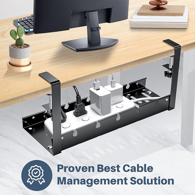 Under Desk Cable Management Tray, No Drill Clamp Mount, Metal Cord Organizer for Desk, Wire Management Rack for Home Office and Standing (Black)