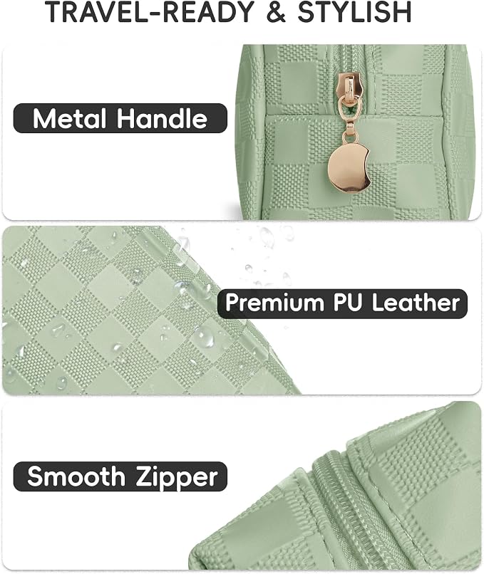 Checkered Makeup Bag for Purse - Cute PU Leather Travel Cosmetic Pouch for Women, Portable Flat Toiletry Organizer with Gold Zipper(green)