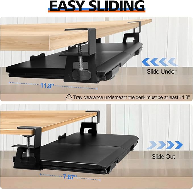 Large Keyboard Tray Under Desk Slide Out with Sturdy C-Clamp Mount and Storage Drawer, 27" (31" Including Clamps) x 12" Ergonomic Keyboard Trays for Home and Office, Black