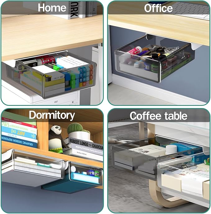 SVNNELP Under Desk Table Drawer Storage Organizer Slide Out, Attachable Hidden Self-Adhesive Under Desk Pencil Tray Drawer for Office/Classroom/Home (Clear Black/M)