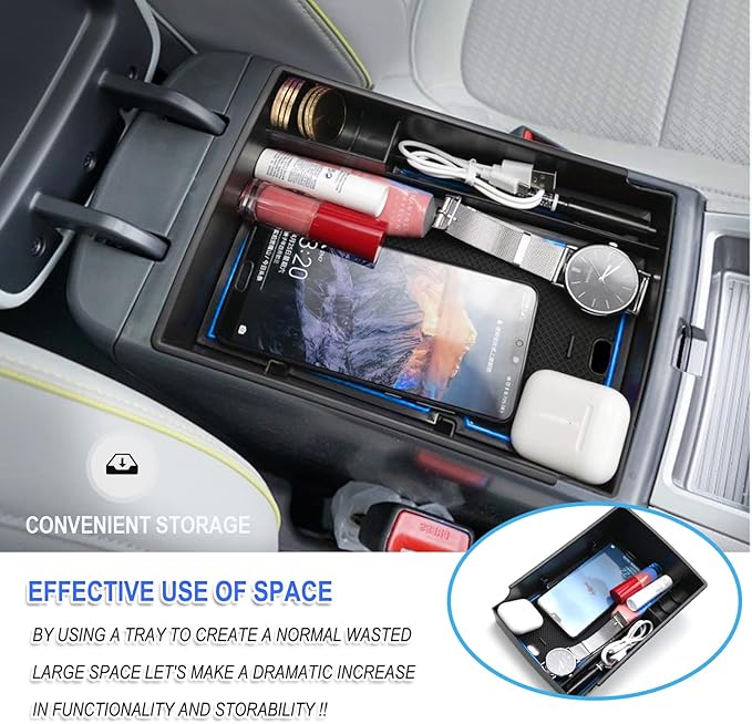 Ruiya Kona EV Center Console Organizer 2019-2024 Kona EV Console Organizer Kona Electric Accessories Armrest Glove Tray Compatible with 2019 2020 2021 2022 2023 2024 Kona Electric SE/SEL/Limited