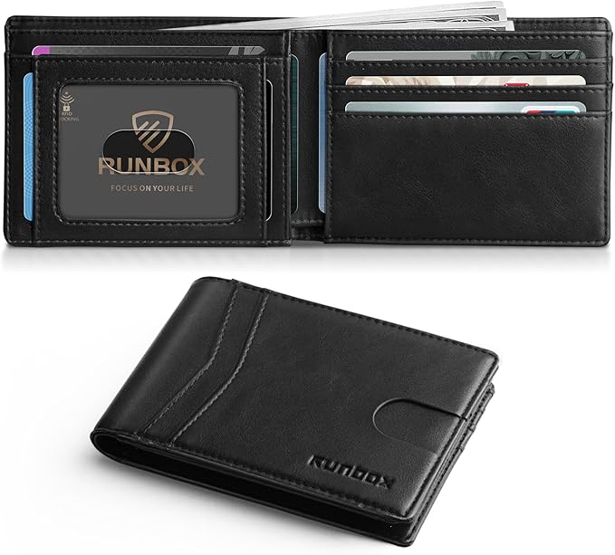 RUNBOX Wallet for Men Slim Leather Bifold RFID Blocking Minimalist Front Pocket Design with Gift Box