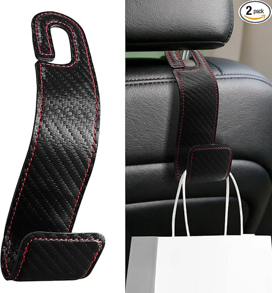 2PCS Car Seat Headrest Hooks, Purse Hook for Car, Automotive Headrest Handbags Holder, Auto Accessories Leather Seatback Organizer Hanger for Hanging Purses Bags Coats (Carbon Fiber, 1PCS)