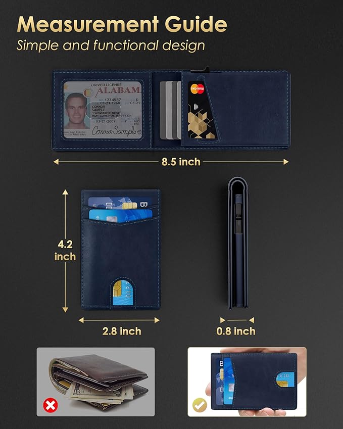QLD Wallet for Men - RFID Blocking [Functional & Practical] Bifold Slim Minimalist Credit Card Holder Pop Up Metal Case with Cash Slot, Front Pocket with ID Window, Gift Boxed