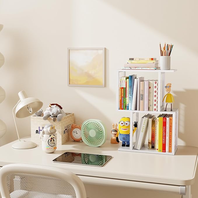 Desktop Bookshelf Organizer, White 3-Tier Desk Shelf with Metal Hook Workspace Organizers for Desk Organization and Office Storage Table Bookcase