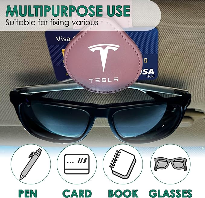 2 Pack Sunglasses Holder Compatible with Tesla Model 3 Y X S Semi Cybertruck Leather Magnetic Glasses Mount Holder Eyeglasses Sunglasses Clip Visor Sunglass Holder Accessories (Pink)
