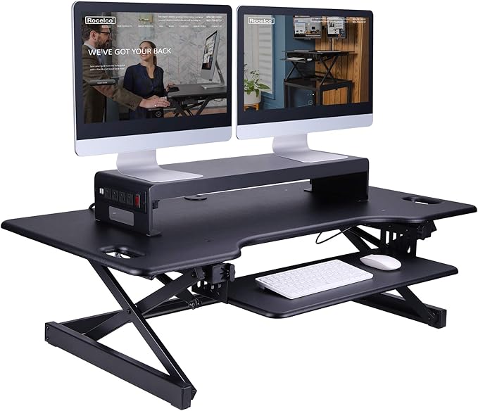 Rocelco 30" Premium Dual Monitor Stand with AC Power Supply & USB 2.0 Charging | Metal Laptop TV PC Riser Shelf with Keyboard Mouse Storage and Cable Management | Black (R DMS)