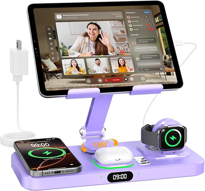 30W Charging Station for Apple Products, Foldable Wireless Charger with Clock Display&7 Color Light, Wired Charging for iPad/Tablet Charging Station for iPhone17, for Apple Watch11 for AirPods4(Purple