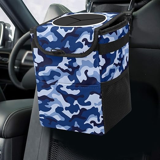Car Trash Can Blue Geo Camo Camouflage Wate-rproof Auto Garbage Bag Car Trash Can with Lid Leak-Proof Car Storage Bag Hanging for Headrest Collapsible and Portable with Storage Mesh Pocket