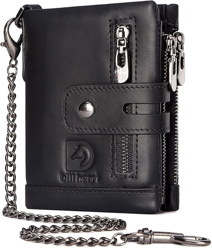 Mens Wallet with Chain Genuine Leather Purse RFID Blocking Bifold Double Zipper Coin Pocket with Anti-Theft Chain