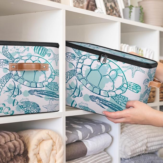 Sea Turtle Storage Basket for Bedroom Kitchen Bathroom Storage Bins with Lids Collapsible Toy Cube Storage Organizer for Kid Teen Women Men