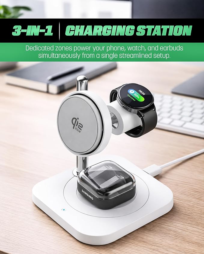 Galvanox Qi2.2 25W Magnetic Wireless Charging Stand for Samsung - 3 in 1 Charger Station (Phone, Galaxy Watch and Earbuds) with Super Fast (45W) Wall Adapter (Compatible with MagSafe)