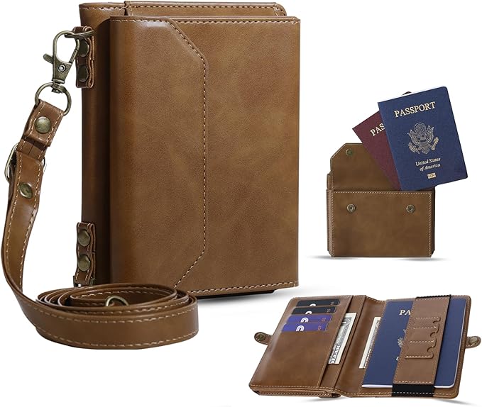 ASAPDOS RFID Blocking Family Passport Holder Wallet,Hold 2-3 Passports for Travel with Credit Card Slots & Wrist Crossbody Strap Coffee