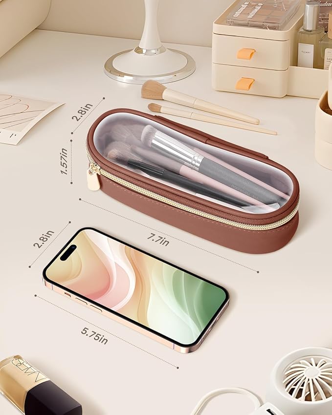 Soimeat Clear Travel Makeup Brush Holder, Leather Makeup Brush Toiletry Bag, Portable Cosmetic Brush Case, Transparent Waterproof Makeup Brush Storage Bag, Brown