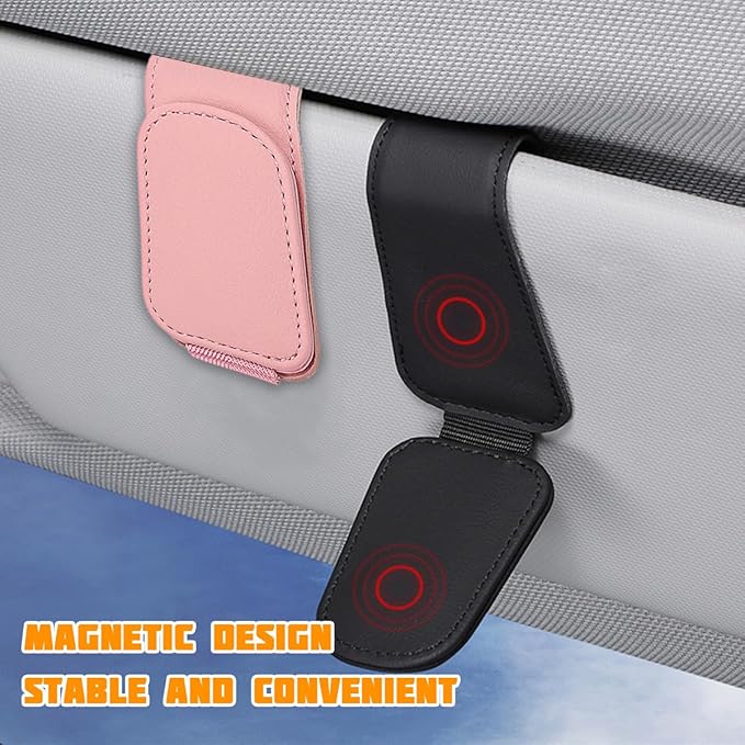Sunglasses Holder for Car Visor, Microfiber Leather Magnetic Sun Visor Eyeglasses Hanger & Ticket Card Clip, Multi-Function Automotive Interior Glasses Mount, Universal Fit (Pink)
