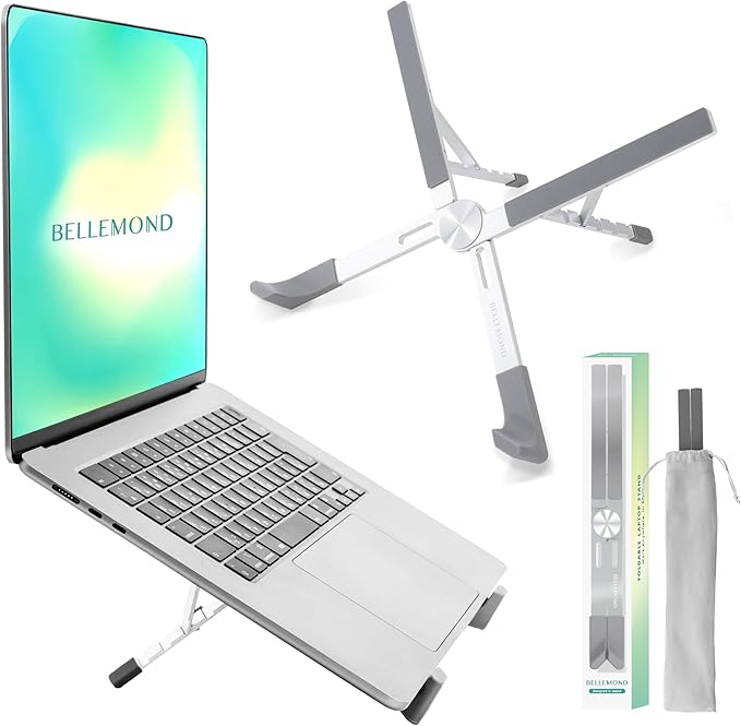 BELLEMOND Adjustable Laptop Stand | Foldable Aluminum Riser | X-Frame Ergonomic Japanese Design | Fits MacBook Pro/Air, Dell, HP, Lenovo & 10–17.3” Laptops | Portable & Lightweight | Space Silver