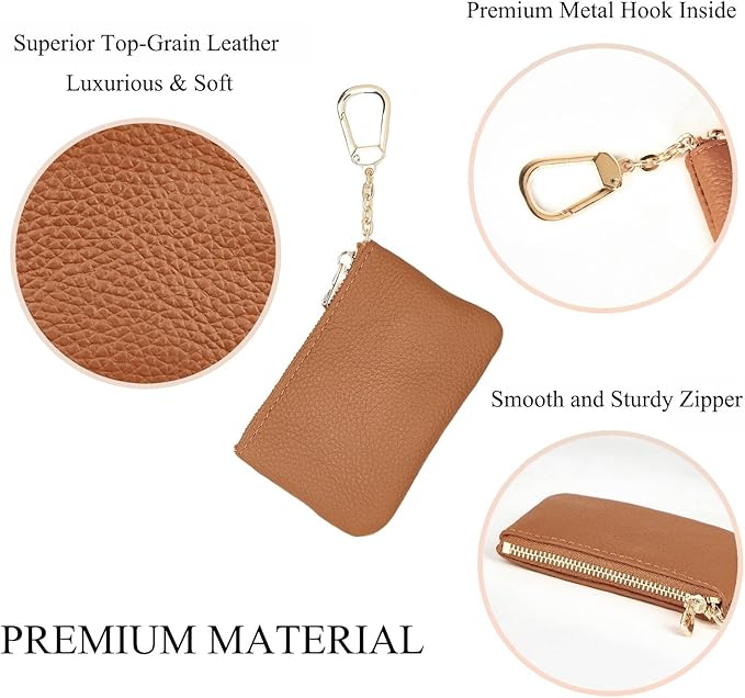 Full Grain Leather Coin Purse with Key Chain - Small Change Purse Keychain Card Holder Keychain Pouch Small Keychain Wallet for Women and Men (Brown)