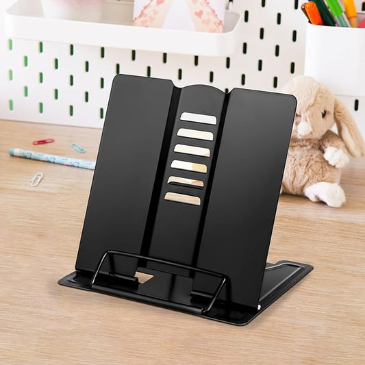 Honagu Metal Desk Book Stand, Adjustable Book Holder, Hands-Free for Reading, Document Holder, Cookbook Stand, Small Bookstands for Music Books, Textbooks, Recipe, Tablet, iPad (Black)