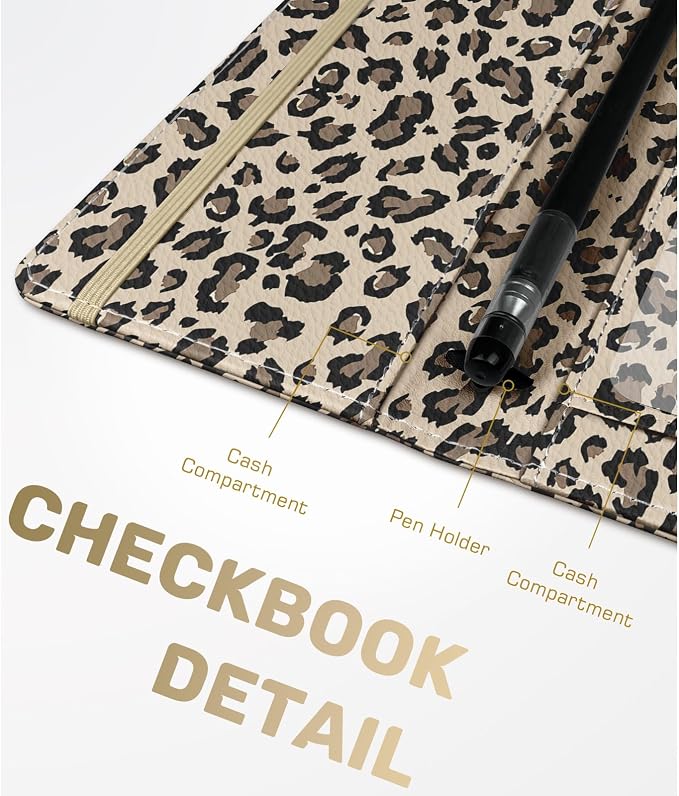 Checkbook Cover for Men Women, Premium Leather Checkbook Holder with RFID Blocking and Built in Clear Plastic Divider for Personal and Business Checks (Leopard-Yellow)