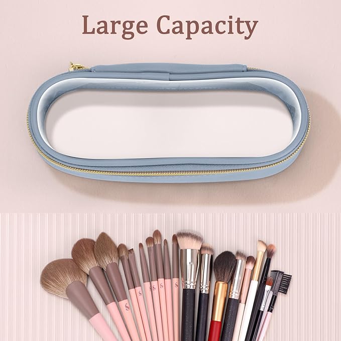 Soimeat Clear Travel Makeup Brush Holder, Leather Makeup Brush Toiletry Bag, Portable Cosmetic Brush Case, Transparent Waterproof Makeup Brush Storage Bag, Blue
