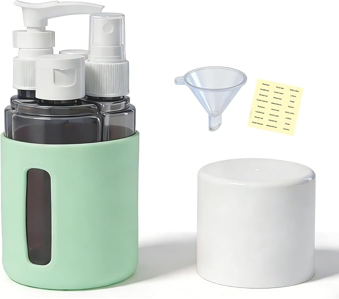 4-in-1 Round Refillable Cosmetic Container Kit, Leak Proof Portable Travel Toiletry Bottles, TSA Approved Travel bottles, Empty Jars for Cosmetics Lotion Shampoo (Green)