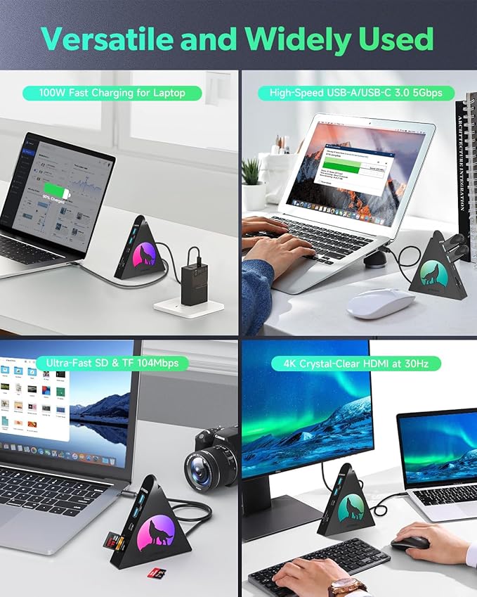 Vertical USB C Hub, 8-in-1 MacBook Adapter with 4K, PD100W Pass-Through Charging, 5Gbps 3xUSB-A, USB-C 3.0, SD/TF Card Reader, RGB Wolf Type-C Hub Tower for MacBook, iPad, iPhone17, etc.