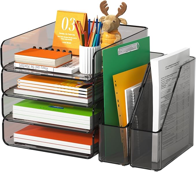 FANXIYQ 4-Tier Brown Acrylic Paper Tray Organizer with Bookends, Stackable Letter Tray Organizer for Desk, Acrylic File Organizer & Office Paper Organizer, Desk Accessories for Home Office
